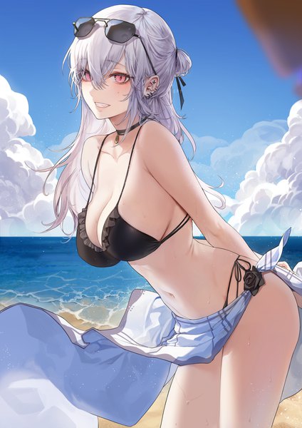 Anime picture 2500x3536 with original trey ollis loffewa (kim eb) kim eb single long hair tall image looking at viewer blush fringe highres breasts light erotic smile hair between eyes large breasts standing signed payot sky cloud (clouds)
