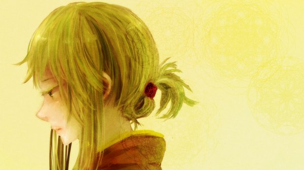 Anime picture 1280x720 with vocaloid gumi pichoko (artist) single long hair simple background wide image profile green hair yellow background girl choker
