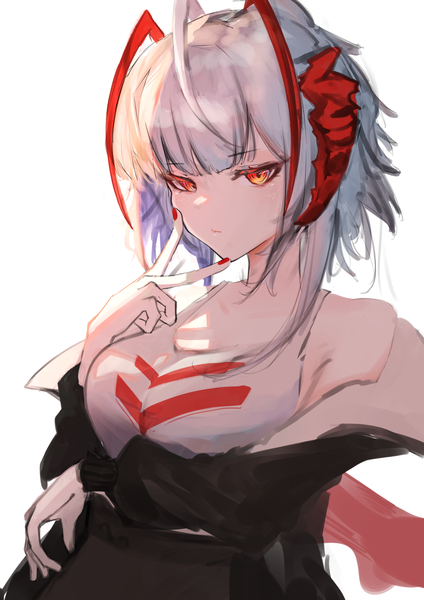 Anime-Bild 1771x2508 mit arknights w (arknights) pei (despay illustration) single tall image looking at viewer fringe highres short hair simple background red eyes white background upper body white hair blunt bangs nail polish horn (horns) off shoulder victory red nail polish
