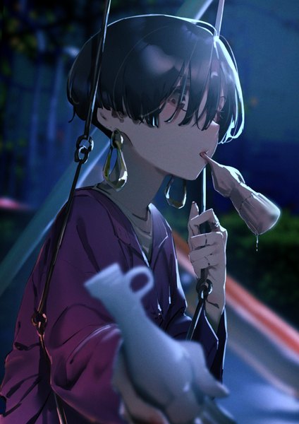 Anime picture 2480x3508 with original papico (ice cream) rolua single tall image looking at viewer highres short hair black hair holding upper body outdoors blurry night grey eyes mouth hold outstretched hand hair over eyes girl ring