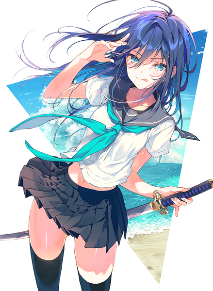 Anime picture 731x1000 with original reia single long hair tall image looking at viewer fringe hair between eyes holding blue hair pleated skirt arm up aqua eyes wind short sleeves midriff dutch angle thighs beach :q