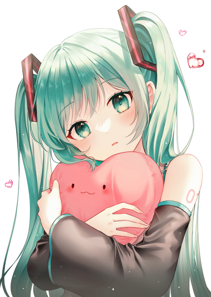 Anime picture 900x1263 with vocaloid hatsune miku 723/nanahumi single long hair tall image looking at viewer blush simple background white background twintails upper body head tilt aqua eyes aqua hair pillow hug girl detached sleeves heart pillow
