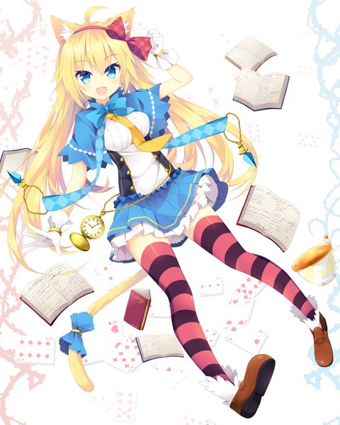 Anime picture 1000x1249 with original nibiiro shizuka single long hair tall image blue eyes blonde hair animal ears tail animal tail cat ears cat girl cat tail girl thighhighs dress bow hair bow book (books) striped thighhighs