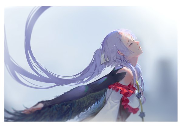 Anime picture 2400x1697 with hoshimawa perfreeze single long hair highres breasts simple background twintails purple hair eyes closed head tilt lips leaning leaning forward border spread arms blue background girl frills