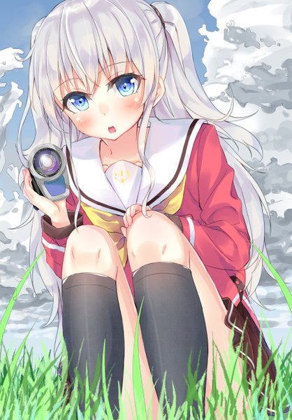 Anime picture 900x1290 with charlotte p.a. works tomori nao hypertan single long hair tall image looking at viewer blush fringe open mouth blue eyes sitting holding sky silver hair cloud (clouds) bent knee (knees) pleated skirt two side up