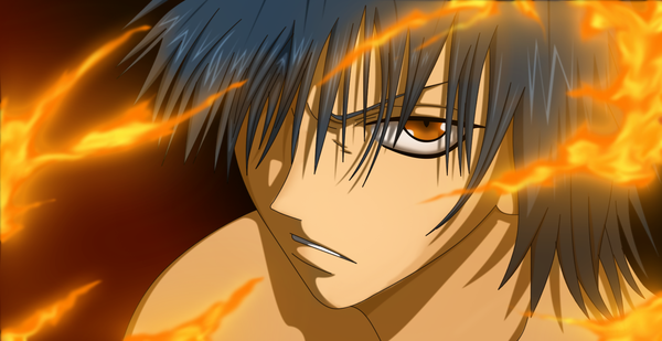 Anime picture 1600x826 with tagme (character) flowerinhell single looking at viewer short hair wide image blue hair orange eyes angry boy fire