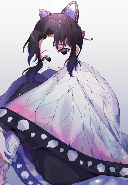 Anime picture 2150x3095 with kimetsu no yaiba ufotable kochou shinobu naomato single tall image looking at viewer highres short hair black hair simple background sitting traditional clothes japanese clothes black eyes grey background gradient background animal print no pupils butterfly print