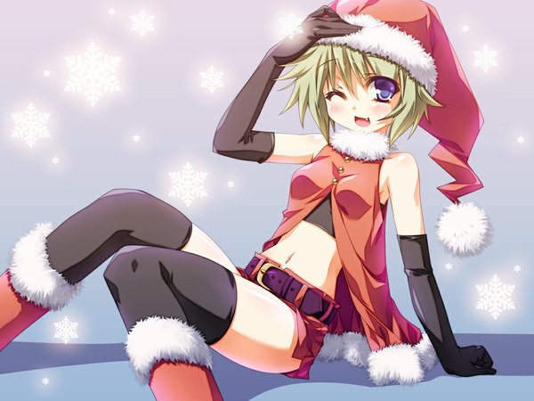 Anime picture 1024x768 with yasaka minato blush open mouth blue eyes light erotic one eye closed wink teeth midriff fang (fangs) wallpaper sleeveless christmas hand on head thighhighs gloves hat elbow gloves belt snowflake (snowflakes)