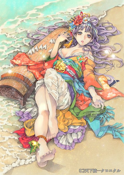 Anime picture 800x1131 with original yue (artist) single long hair tall image looking at viewer fringe breasts open mouth purple eyes bare shoulders cleavage purple hair lying long sleeves traditional clothes japanese clothes barefoot hair flower bare legs