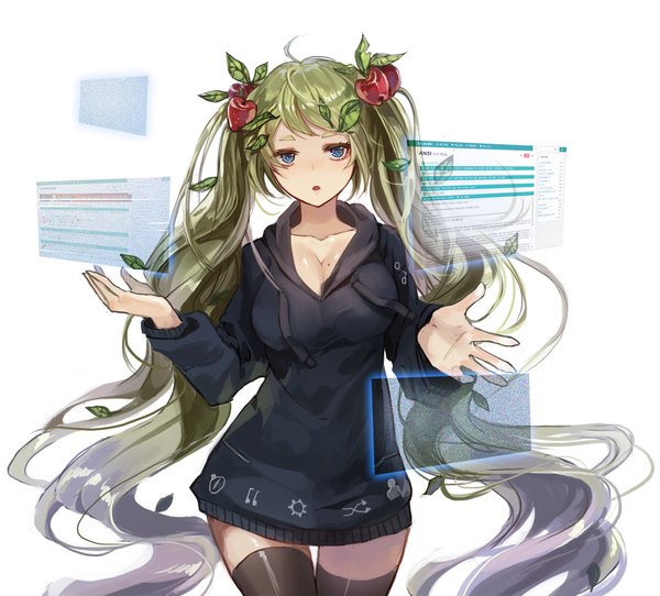 Anime picture 1500x1357 with original kim eb single breasts open mouth blue eyes large breasts white background green eyes cleavage ahoge very long hair multicolored hair grey hair mole :o zettai ryouiki thigh gap gradient hair eyebrows