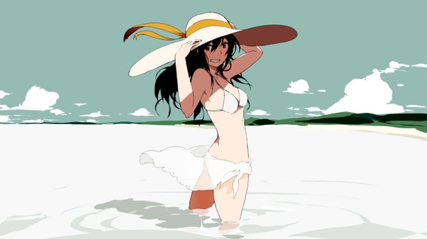 Anime picture 1280x720 with cencoroll tagme (artist) single long hair black hair smile wide image brown eyes sky cloud (clouds) beach girl navel swimsuit hat bikini white bikini
