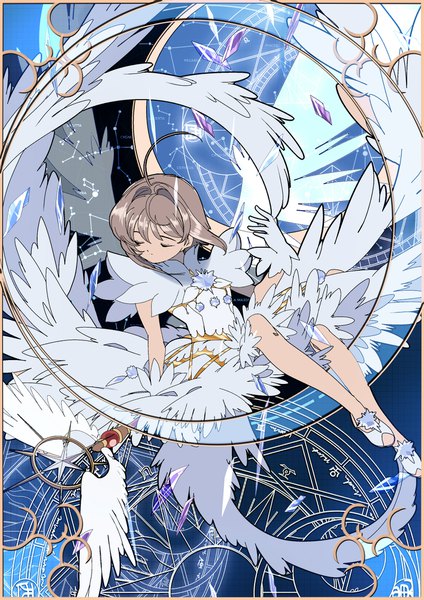 Anime picture 1415x2000 with card captor sakura clamp kinomoto sakura edoya inuhachi single tall image fringe short hair hair between eyes brown hair sitting payot full body ahoge eyes closed white wings magical girl girl dress gloves