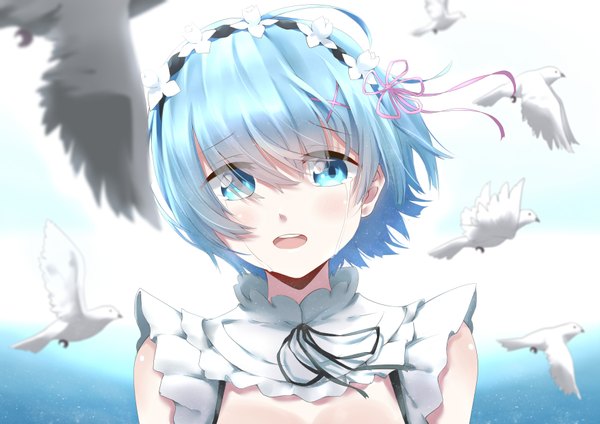 Anime picture 3507x2480 with re:zero kara hajimeru isekai seikatsu white fox rem (re:zero) yumuto (spring1786) single looking at viewer blush fringe highres short hair open mouth blue eyes blue hair absurdres upper body hair over one eye tears crying girl flower (flowers)