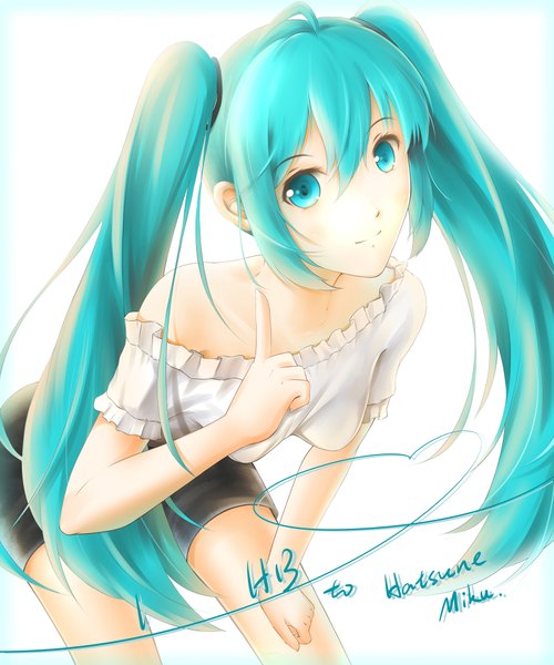 Anime picture 3332x4000 with vocaloid hatsune miku lancefate single long hair tall image highres simple background smile twintails absurdres aqua eyes aqua hair inscription girl