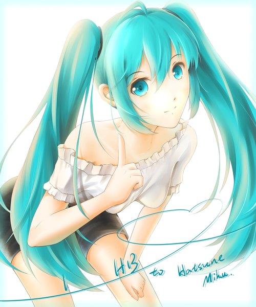 イラスト 3332x4000 と ボーカロイド 初音ミク lancefate ソロ 長髪 長身像 highres simple background 笑顔 ツインテール absurdres aqua eyes aqua hair inscription 女の子