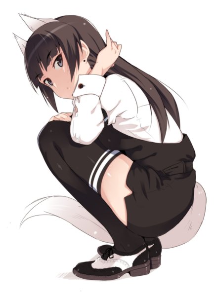 Anime picture 1200x1654 with strike witches anabuki tomoko em (kmkmp) single long hair tall image looking at viewer blue eyes black hair simple background white background animal ears tail animal tail girl thighhighs black thighhighs shoes