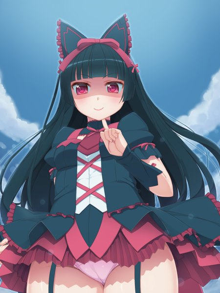 Anime picture 1200x1600 with gate - jieitai ka no chi nite kaku tatakaeri a-1 pictures rory mercury tachimi (basue) single long hair tall image looking at viewer blush light erotic black hair smile red eyes sky cloud (clouds) pantyshot lolita fashion goth-loli girl dress