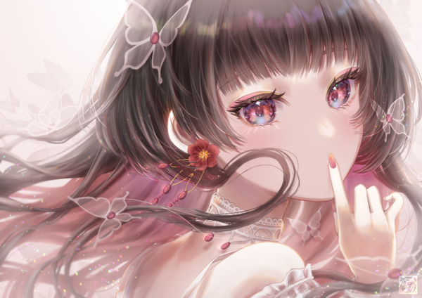 Anime picture 4093x2894 with original yuubarish single long hair looking at viewer blush fringe highres black hair signed payot absurdres blunt bangs nail polish pink eyes multicolored hair fingernails finger to mouth face colored inner hair