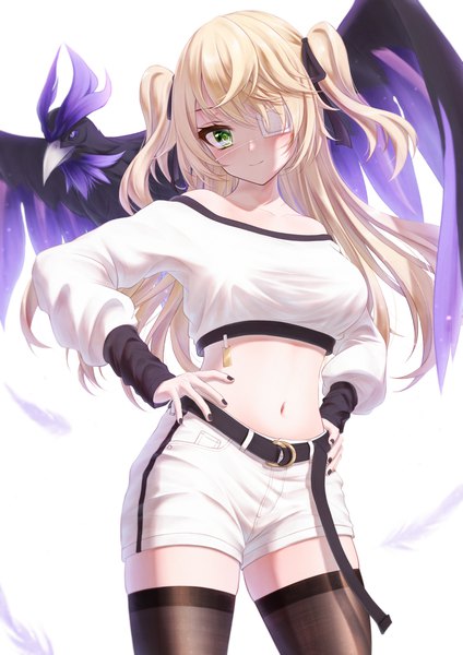 Anime picture 2894x4093 with genshin impact fischl (genshin impact) oz (genshin impact) bae.c single long hair tall image looking at viewer blush fringe highres breasts simple background blonde hair smile standing white background bare shoulders green eyes long sleeves