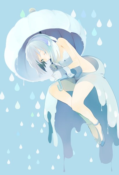 Anime picture 820x1200 with original harano single tall image short hair blue eyes light erotic bare shoulders blue hair one eye closed wink legs blue background weightlessness girl dress shoes fingerless gloves umbrella water drop