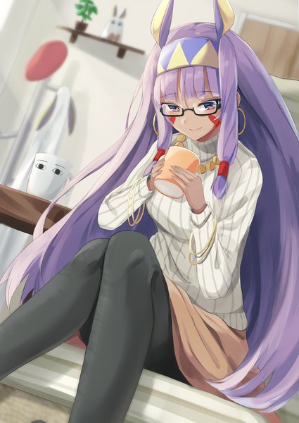 Anime picture 967x1365 with fate (series) fate/grand order nitocris (fate) medjed igayan single long hair tall image looking at viewer fringe smile hair between eyes sitting purple eyes holding payot purple hair bent knee (knees) indoors blurry