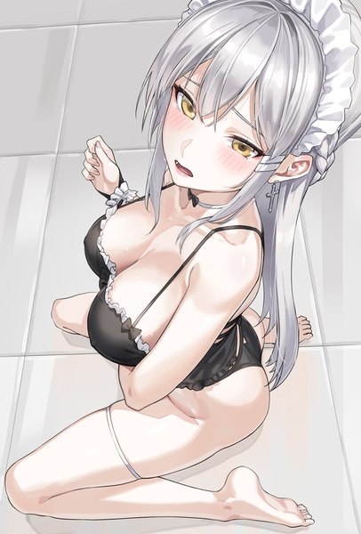 Anime-Bild 840x1240 mit original kfr single long hair tall image looking at viewer fringe breasts open mouth light erotic hair between eyes large breasts sitting yellow eyes payot cleavage silver hair full body barefoot from above
