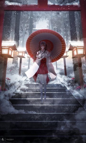 Anime picture 1320x2200 with original yoaferia single long hair tall image looking at viewer fringe red eyes brown hair standing bare shoulders holding signed payot full body outdoors blunt bangs traditional clothes japanese clothes blurry