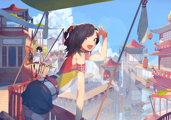 Anime picture 1271x900 with original 15gou looking at viewer fringe short hair open mouth blue eyes black hair multiple girls sky cloud (clouds) chinese clothes jpeg artifacts girl thighhighs boy 2 girls plant (plants) shirt shorts
