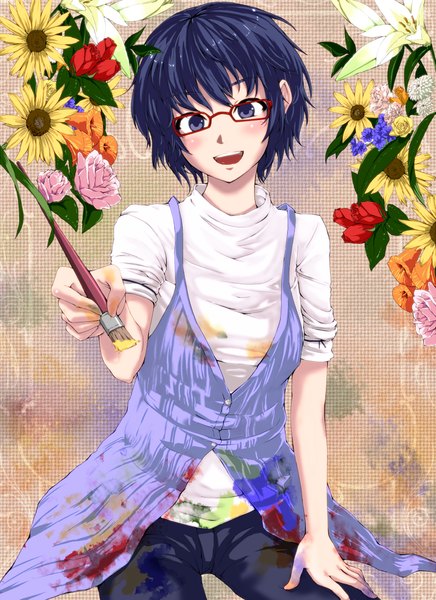 Anime picture 1600x2200 with original ryou@ryou single tall image blush short hair black hair black eyes girl flower (flowers) glasses paint