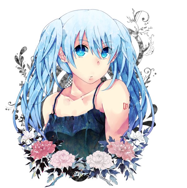 Anime picture 1998x2003 with vocaloid hatsune miku ankoromochi single tall image looking at viewer highres simple background white background twintails bare shoulders very long hair aqua eyes aqua hair girl flower (flowers)
