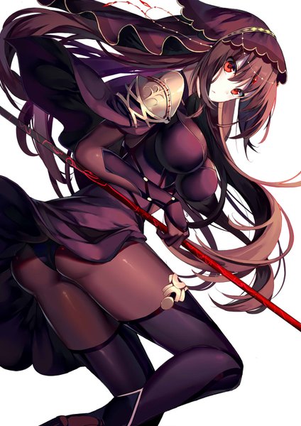 Anime picture 1000x1414 with fate (series) fate/grand order scathach (fate) (all) scathach (fate) kouyafu single long hair tall image looking at viewer fringe breasts light erotic simple background hair between eyes red eyes brown hair large breasts white background bent knee (knees) ass