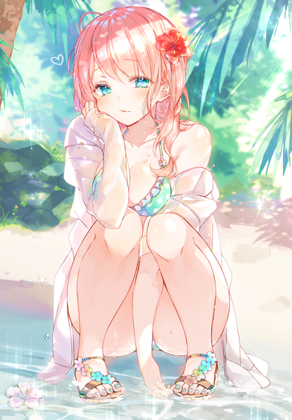 Anime picture 1043x1500 with original recotasan single tall image looking at viewer blush fringe short hair breasts blue eyes light erotic pink hair cleavage full body outdoors nail polish hair flower off shoulder open jacket beach