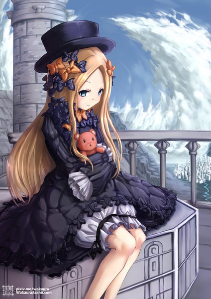 Anime picture 827x1170 with fate (series) fate/grand order abigail williams (fate) wakaura asaho single long hair tall image looking at viewer blue eyes blonde hair sitting signed sky cloud (clouds) hands in sleeves girl dress bow hair bow black dress