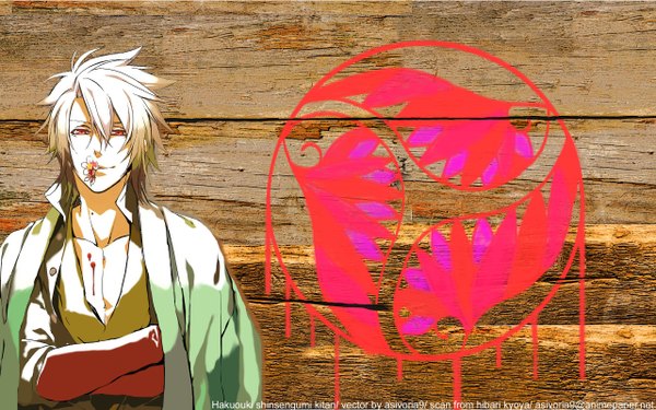 Anime picture 2560x1600 with hakuouki shinsengumi kitan studio deen okita souji (hakuouki) single looking at viewer highres short hair wide image white hair orange hair inscription boy flower (flowers) blood