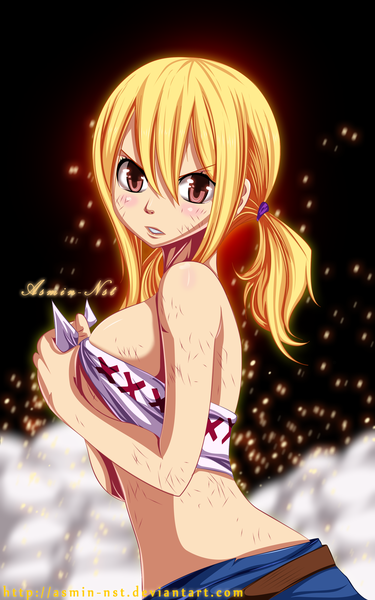 Anime picture 2000x3194 with fairy tail lucy heartfilia iitheluciferii single long hair tall image highres breasts light erotic blonde hair large breasts twintails brown eyes looking back coloring black background smoke girl skirt miniskirt