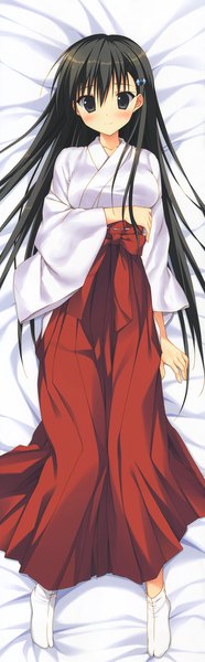 Anime picture 2301x7413 with kanojo no seiiki akiyoshi fuyuka ryohka single long hair tall image looking at viewer blush fringe highres black hair bent knee (knees) traditional clothes japanese clothes light smile black eyes scan wide sleeves miko dakimakura (medium)