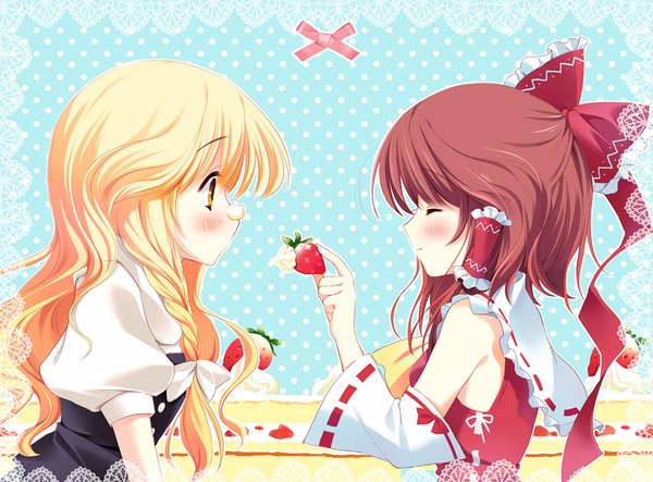 Anime picture 1149x850 with touhou hakurei reimu kirisame marisa mamita blush blonde hair brown hair multiple girls yellow eyes eyes closed face to face polka dot polka dot background girl bow 2 girls hair bow detached sleeves food hair tubes