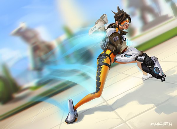 Anime picture 1280x936 with overwatch blizzard entertainment tracer (overwatch) rzanchetin (artist) single looking at viewer short hair black hair signed bent knee (knees) lips orange eyes glow girl weapon gun goggles pistol clothes