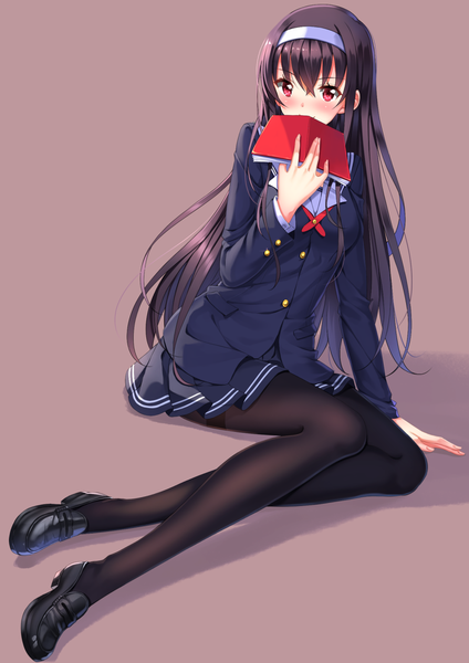 Anime picture 993x1406 with saenai heroine no sodatekata a-1 pictures kasumigaoka utaha swordsouls single long hair tall image looking at viewer blush black hair simple background red eyes girl skirt uniform school uniform miniskirt pantyhose black pantyhose book (books)