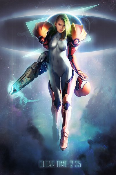 Anime picture 667x1000 with metroid samus aran jace-wallace single tall image looking at viewer short hair breasts light erotic blonde hair lips realistic glowing space science fiction girl navel armor bodysuit helmet