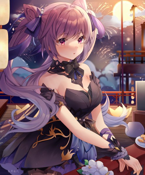 Anime picture 2119x2560 with genshin impact keqing (genshin impact) keqing (opulent splendor) (genshin impact) guzangnanfeng single long hair tall image looking at viewer blush fringe highres breasts open mouth standing purple eyes twintails bare shoulders purple hair outdoors night