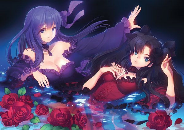 Anime picture 1200x850 with fate (series) fate/stay night toosaka rin matou sakura matsuki ringo long hair looking at viewer blue eyes black hair multiple girls blue hair dark background girl dress flower (flowers) bow 2 girls hair bow petals rose (roses)