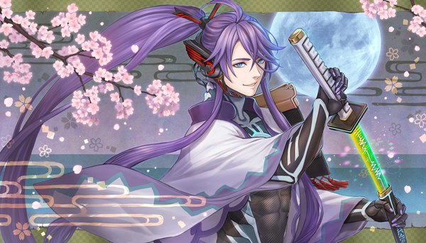 Anime picture 1820x1040 with vocaloid kamui gakupo ohse single long hair highres blue eyes smile wide image looking away purple hair upper body ponytail cherry blossoms unsheathing egasumi boy flower (flowers) weapon sword