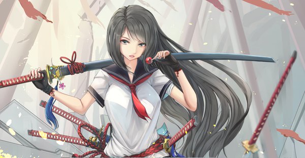 Anime picture 2000x1036 with original kikivi single looking at viewer highres breasts black hair wide image holding very long hair black eyes floating hair sheathed weapon over shoulder girl gloves uniform weapon sword serafuku