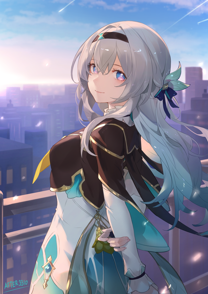 Anime picture 2894x4093 with honkai: star rail honkai (series) firefly (honkai: star rail) after3310 single long hair tall image looking at viewer fringe highres breasts smile hair between eyes purple eyes signed sky cloud (clouds) grey hair turning head city