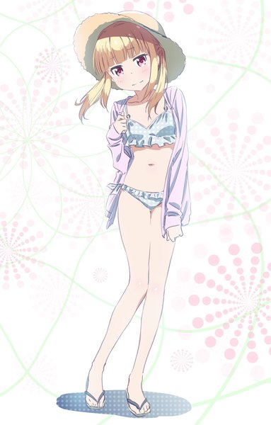 Anime picture 1306x2048 with new game! doga kobo iijima yun pink x single tall image fringe light erotic simple background blonde hair standing purple eyes twintails full body blunt bangs long sleeves open clothes wavy mouth girl navel