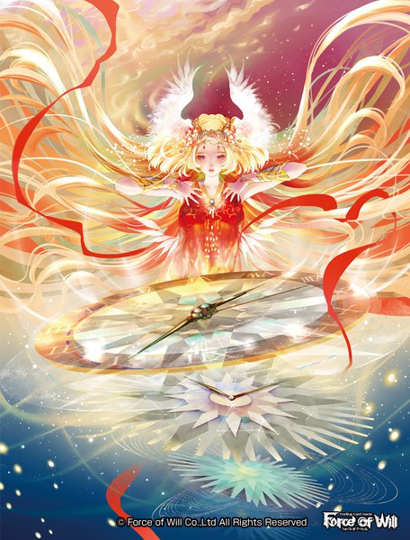 Anime picture 761x1000 with force of will verdandi (force of will) sanrindou single tall image looking at viewer blue eyes blonde hair sky cloud (clouds) upper body very long hair official art copyright name angel wings head wings girl ribbon (ribbons) wings bracelet