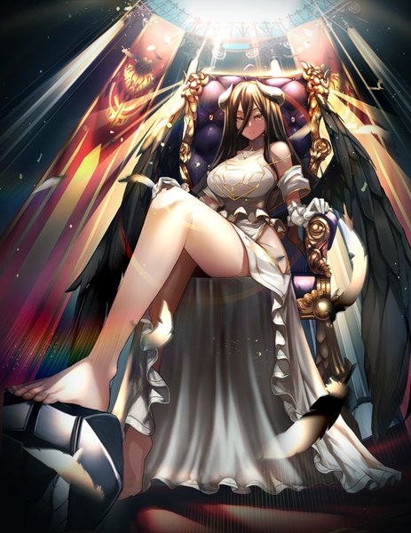 Anime picture 1200x1553 with overlord (maruyama) madhouse albedo (overlord) btraphen single long hair tall image looking at viewer fringe breasts light erotic black hair hair between eyes sitting yellow eyes ahoge bent knee (knees) barefoot horn (horns) bare legs