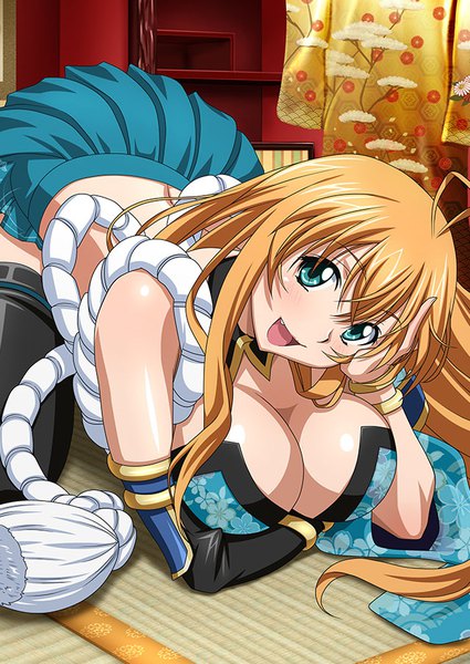 Anime picture 640x903 with ikkitousen sonsaku hakufu single long hair tall image looking at viewer blush fringe breasts open mouth light erotic blonde hair smile hair between eyes large breasts ahoge head tilt aqua eyes arm support fang (fangs)