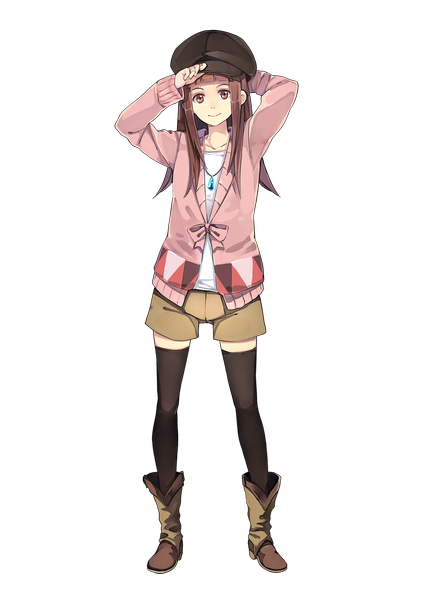 Anime picture 1400x1980 with uchouten kazoku p.a. works ebisugawa kaisei hao (patinnko) single long hair tall image looking at viewer smile brown hair brown eyes full body transparent background girl thighhighs black thighhighs hat shorts boots